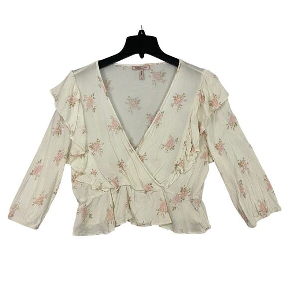 BCBGeneration Floral Faux Wrap Crop Top Womens Size XL Cream 3/4 Sleeve - Picture 1 of 8